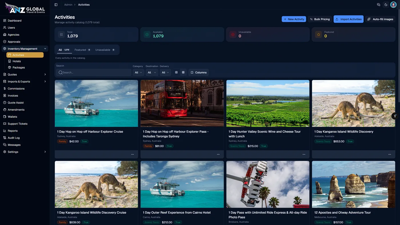 Activities inventory with imagery, pricing, and availability per product