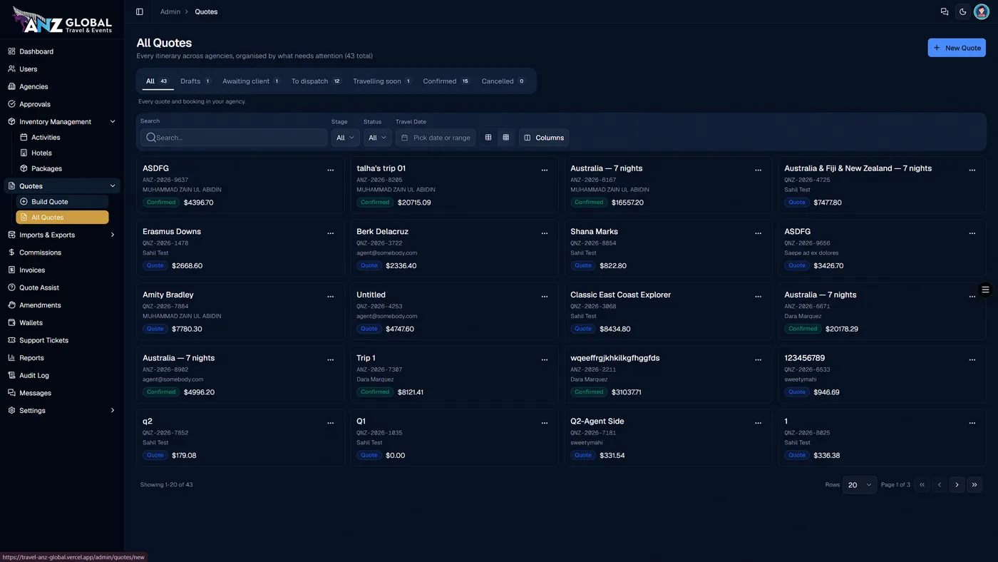 All quotes across the platform with status tabs and a row-level summary