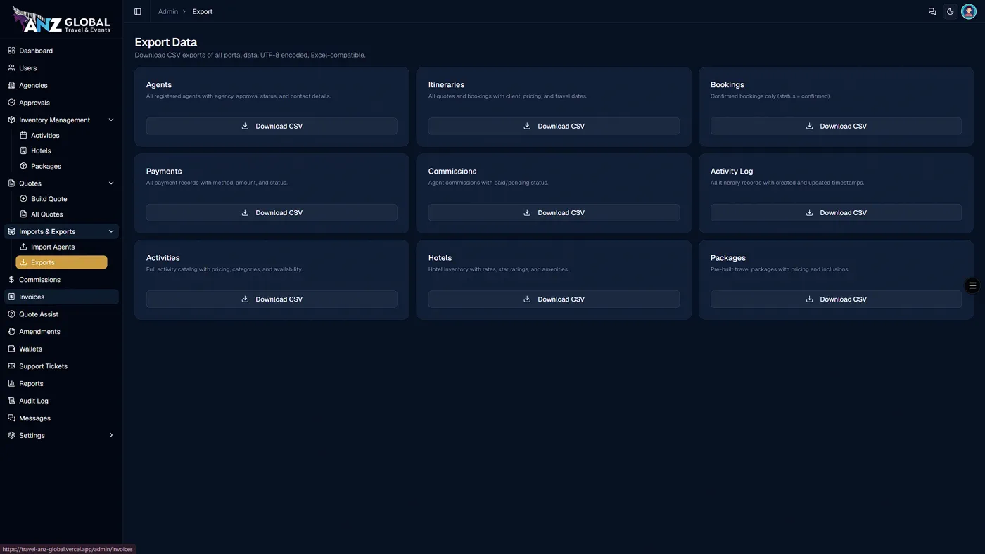 CSV export hub covering agents, quotes, bookings, payments, commissions, and product catalogs