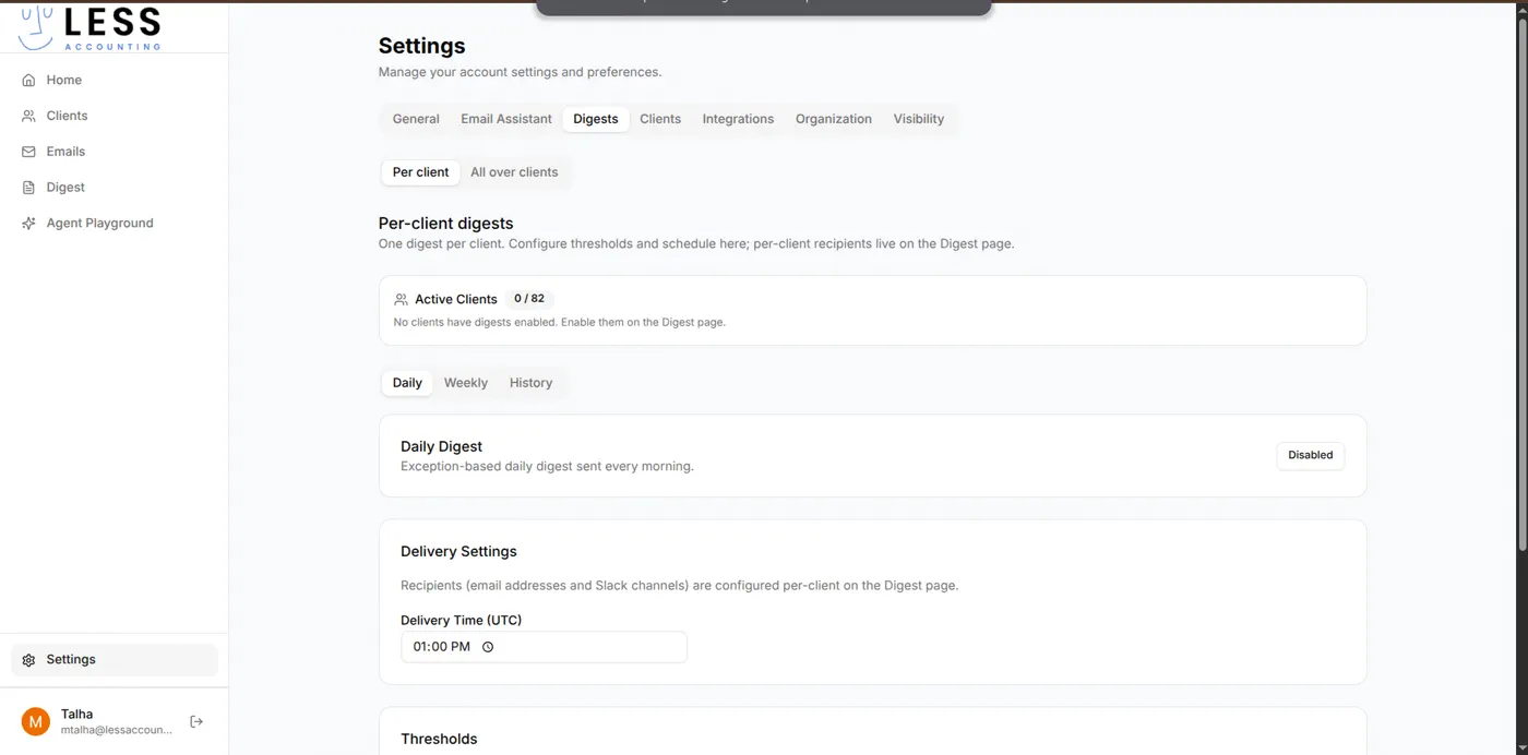 Org-level digest scheduling: per-client and all-over-clients, daily and weekly