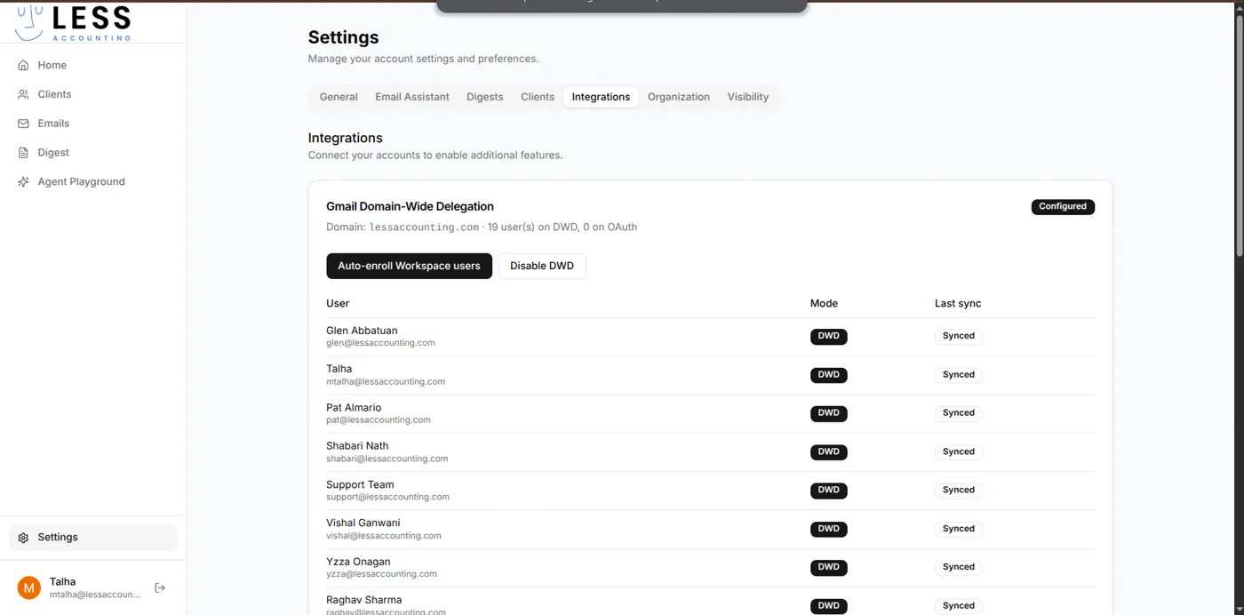 Gmail Domain-Wide Delegation across the Workspace domain with per-user sync state