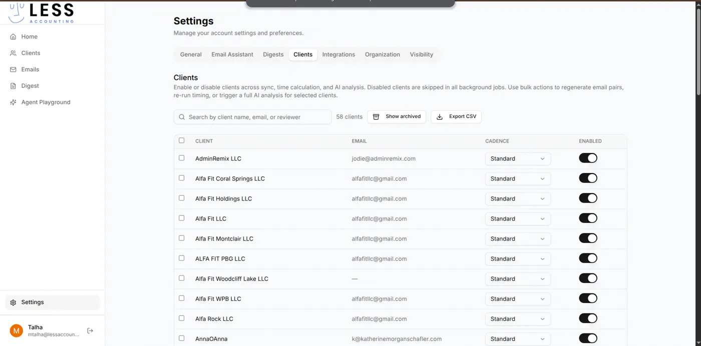 Bulk client enable, cadence, and re-analyse controls from the Clients settings table