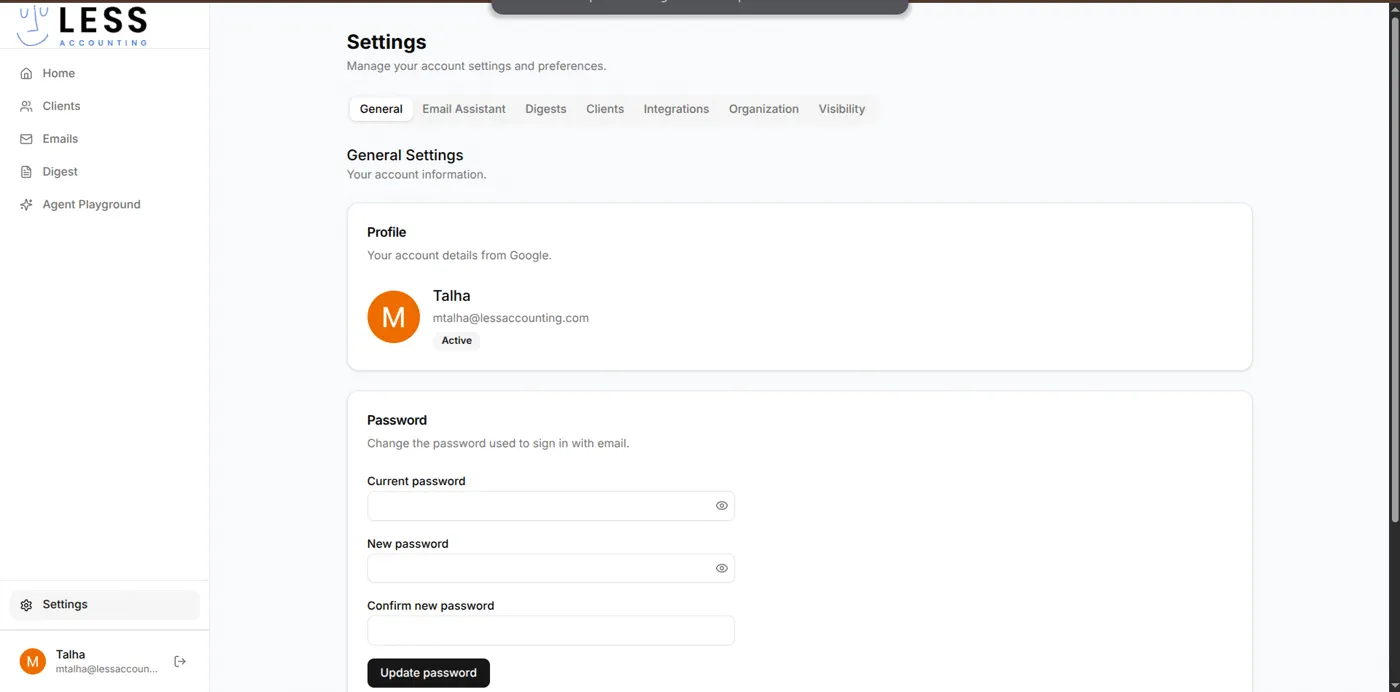 General account settings including Google profile sync and password change for email-login users